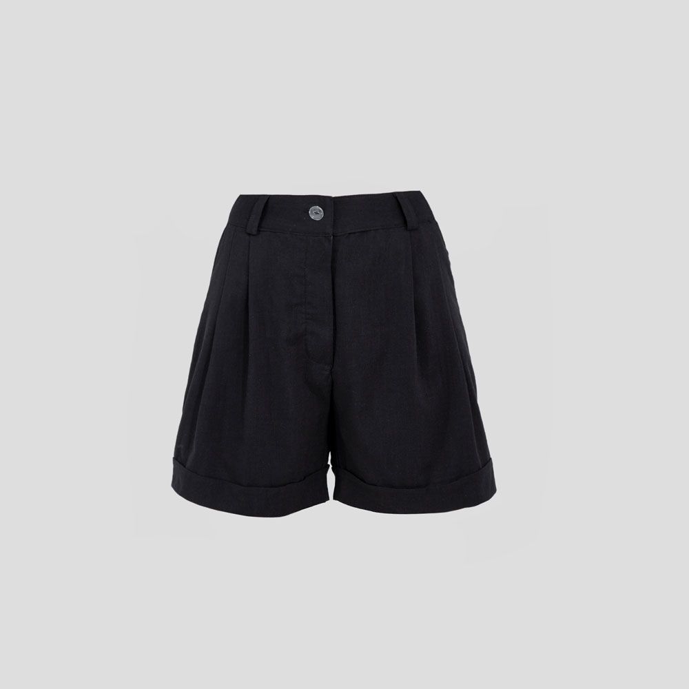 black linen overall shorts