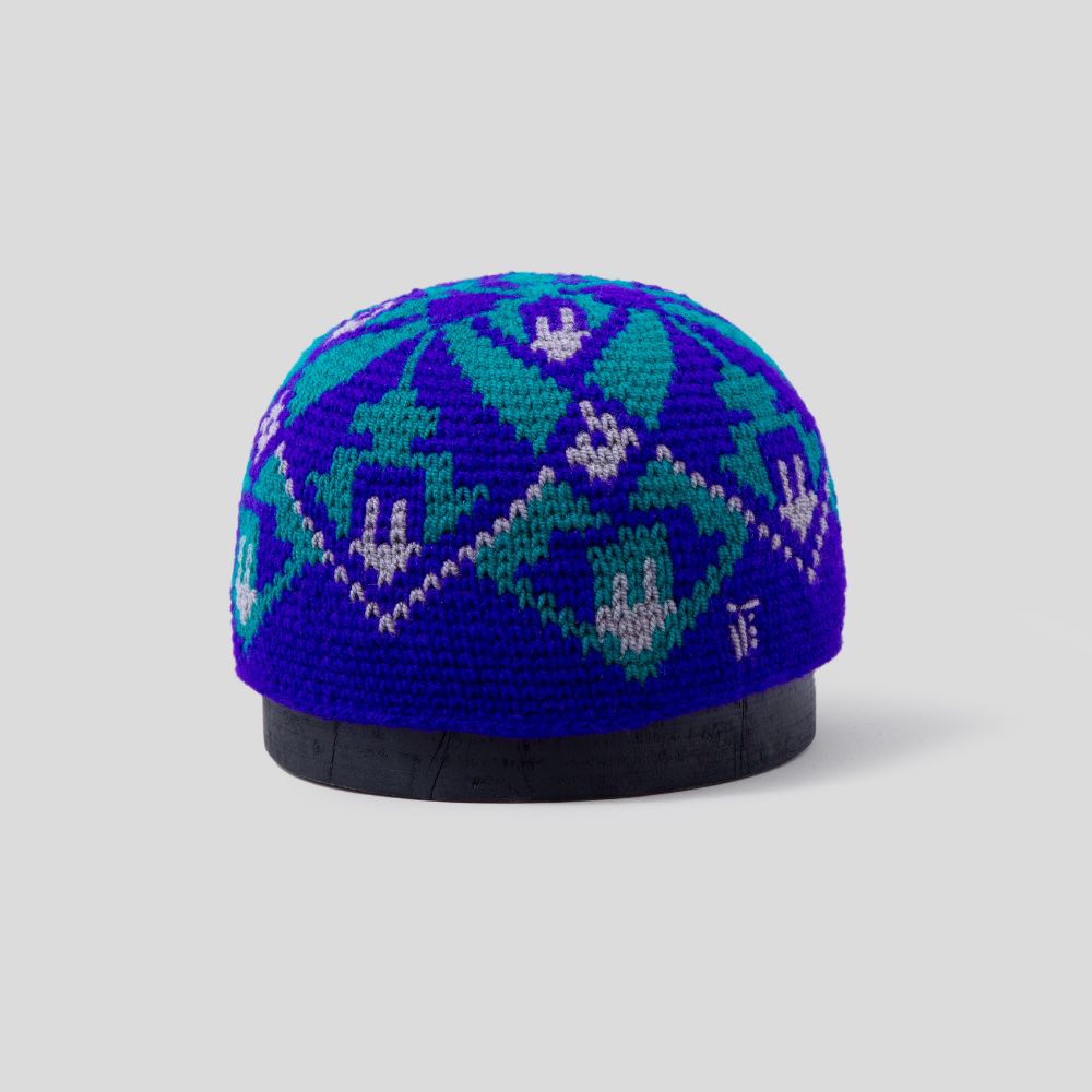 blue and purple hat