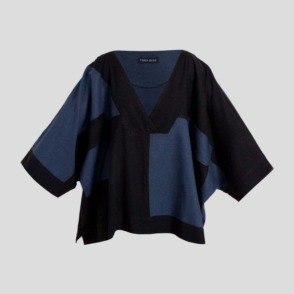 Picture of  blue black V-neck linen blouse