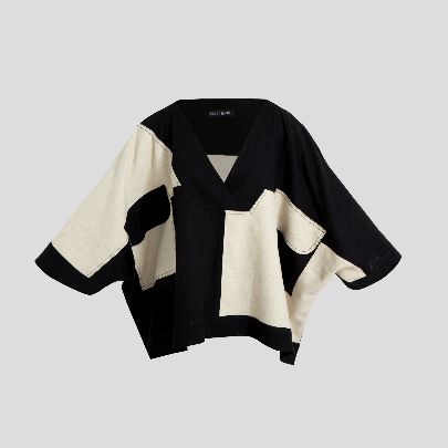 Picture of  Cream black V-neck linen blouse