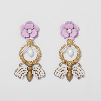 Picture of Women's earrings with pink flower and butterfly and ring