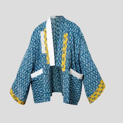 Picture of Blue navy and mustard patch work kimono