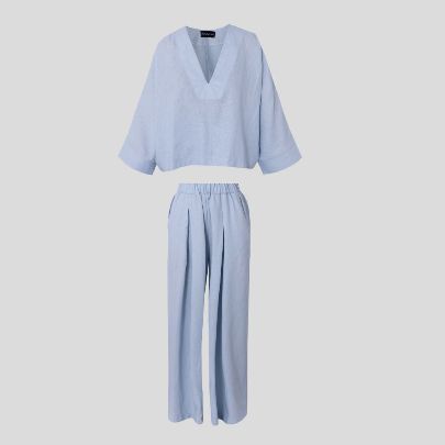 Picture of Set of blue linen pants and blouse for women