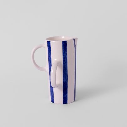 Picture of Blue striped ceramic pitcher with two handles