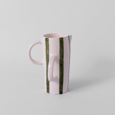 Picture of Green striped ceramic pitcher with two handles