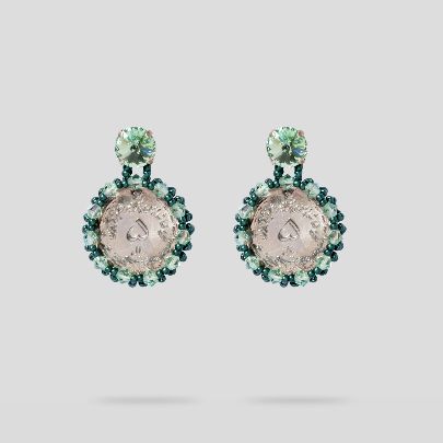 Picture of  Women's earrings with bright green stone and 5 riyals coin