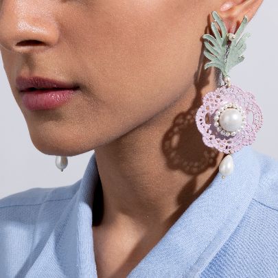 Picture of Women's earrings with pink net and gray peacock