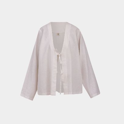 Picture of Women's white linen bow tie blouse