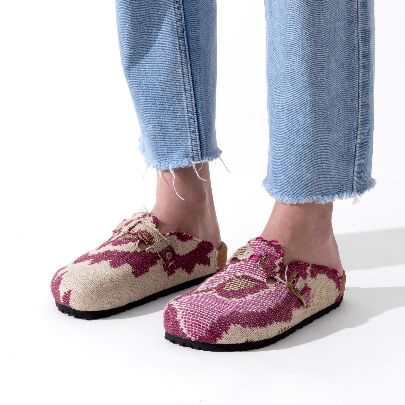 Picture of White and pink patterned sandals with a closed front