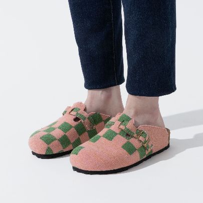 Picture of green and pink patterned sandals with a closed front