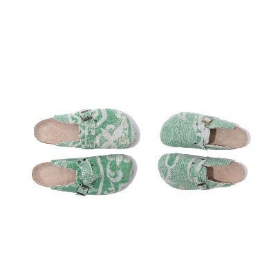 Picture of White and green patterned sandals with a closed front