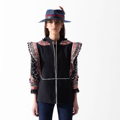 Picture of Black embroidered stripe linen coat