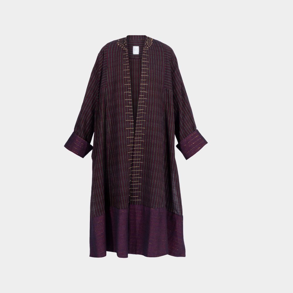 Picture of women's cotton maroon eggplant striped Yazdi dress