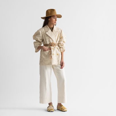 Picture of Striped Linen Coat with Raffia Belt