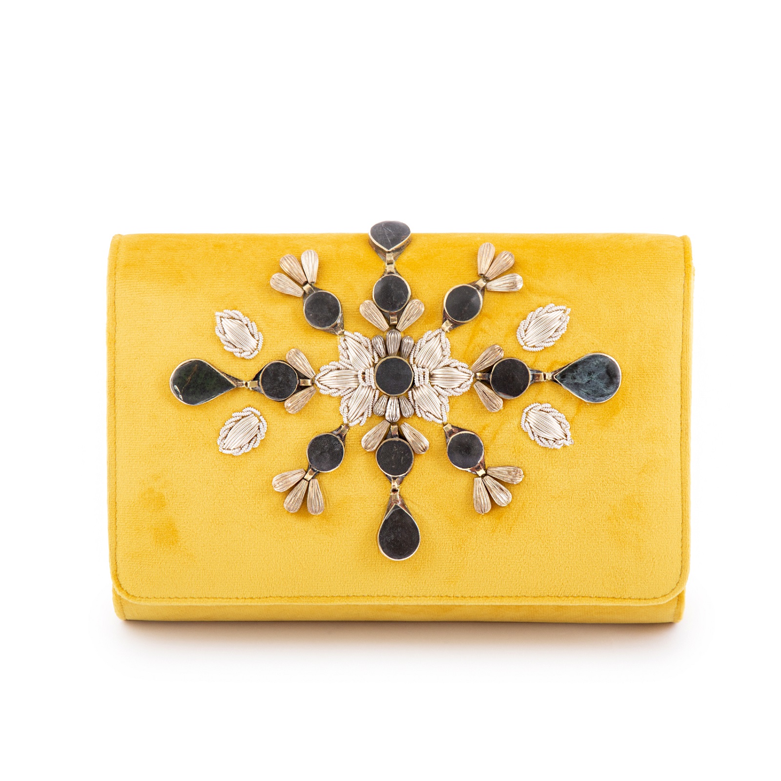 Picture of yellow velvet handbag with black stone