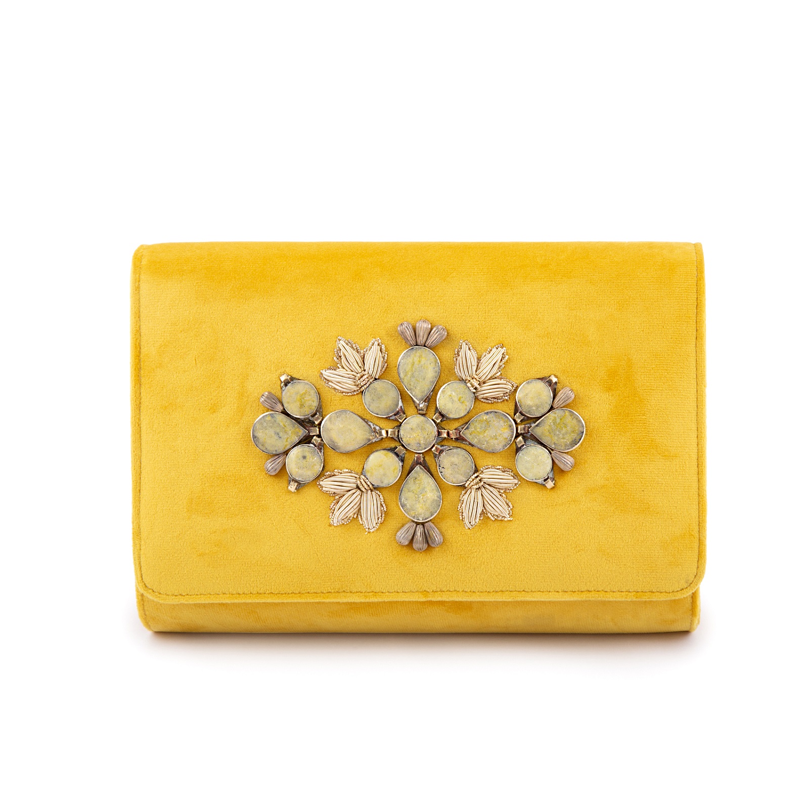 Picture of yellow velvet handbag with stone