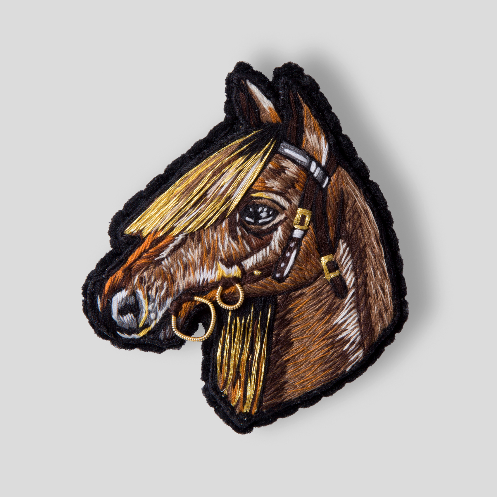 Picture of head of a brown horse with golden rings on its leash pin